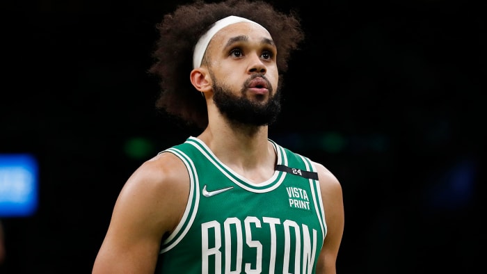 Boston Celtics guard Derrick White (9) looks on during the second half against the Denver Nuggets.